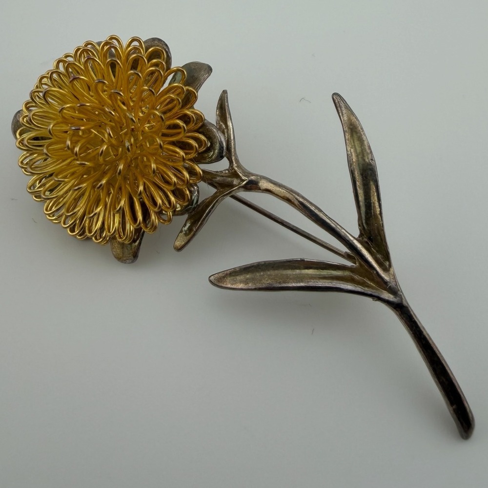 Sun Flower Dandelion Gold & Silver Tone Flower Brooch Wire Pom Pom Floral Pin